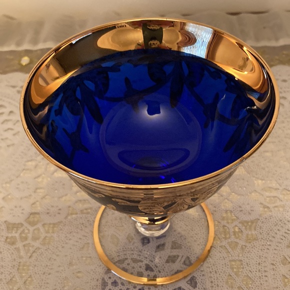 SC LINE Cobalt Blue 24K Gold Swags Goblet Mouth Blown and Hand Decorated Italy - Picture 2 of 8